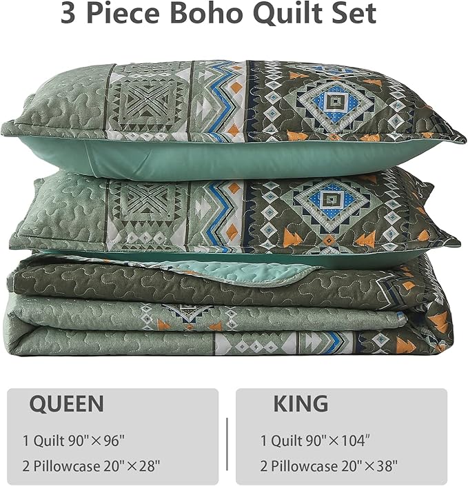 WONGS BEDDING Boho Quilt Set King,3 Piece Olive Green Fall Bedspread Coverlet Set with Geometry Printed for All Season, Lightweight Oversized Bohemian Bedding Set 104"×90"
