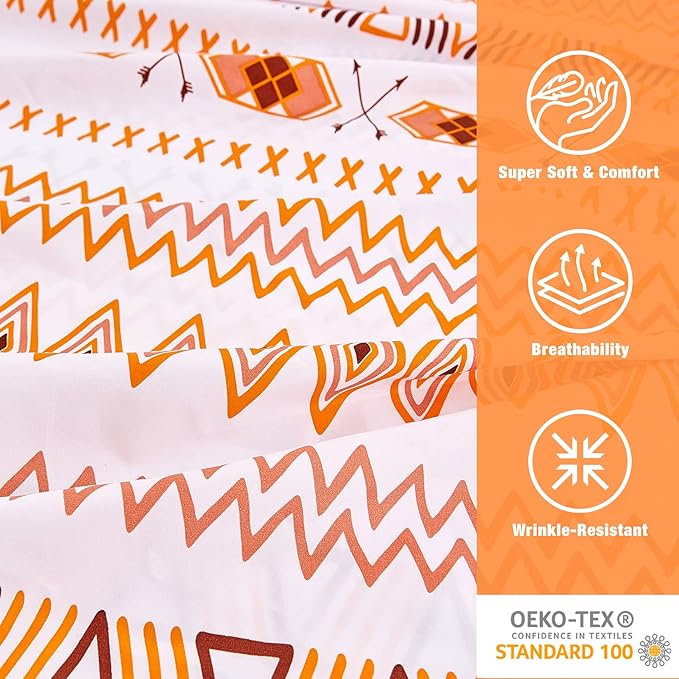 JSD Orange Boho Sheet Set Twin Size, Soft Geometric Printed Microfiber Sheets Extra Deep Pocket Wrinkle Free