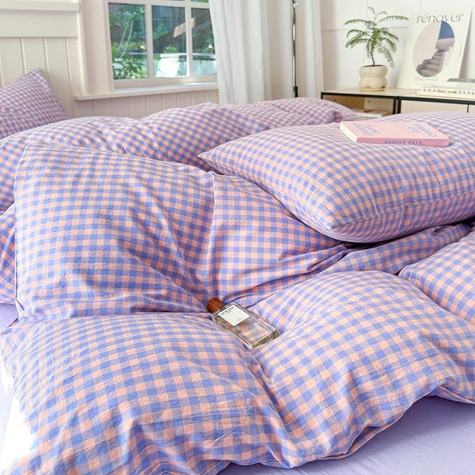 LifeTB Purple Plaid Bedding Set Full 100% Washed Cotton Purple Grid Duvet Cover with 2 Pillowcases Gingham Duvet Cover 3 Pieces Plaid Comforter Cover Breathable Grid Bedding Collection