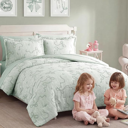 Geniospin Light Green Twin Comforter Set for Girls- 5 Pieces Bowknot Jacquard Bed in A Bag Twin Bedding Sets with Sheets, Pillowcases & Shams, All Season Kids Comforter Set