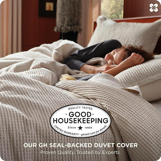 Bedsure Cotton Duvet Cover Queen - 100% Cotton Waffle Weave Linen Color Duvet Cover Queen Size, GentleSoftโข and Breathable Bedding Set for All Season, 3 Pieces, 90"x90"
