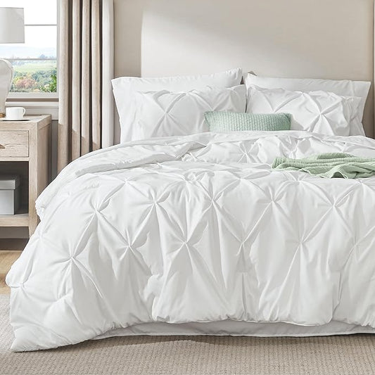 Bedsure Twin Comforter Set White - Bed in a Bag Twin Size Bedding 5 Pieces, GentleSoftโข Pintuck Bed Set Gift for Family, Pinch Pleat White Comforter with Sheets, Pillowcase & Sham