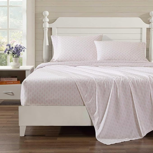 Laura Ashley - Queen Sheets, Lightweight & Breathable Cotton Percale Bedding Set with Matching Sham(s), Oeko-Tex Certified (Francesca Pink, Queen)