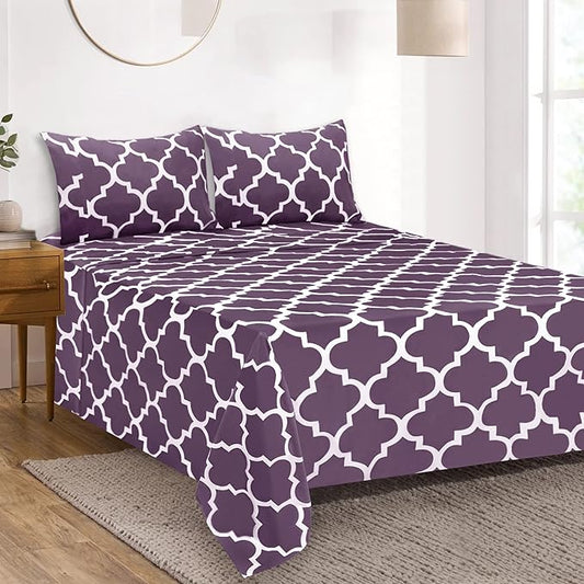 Mejoroom King Bed Sheet Set - Super Soft Brushed Microfiber 1800 Thread Count Sheets with 15 inch Deep Pocket - Wrinkle Free - 4 Piece (King, Purple Quatrefoil with White Pattern)