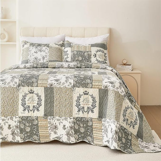 Cmfshape Floral Quilt Queen,3-Pcs Bird Pattern Queen Set,Lightweight Bedspread for Size Bed,Grey Plaid Farmhouse Reversible Bed All Season,Country Quilted Blanket(Grey&White Queen90”x90”)