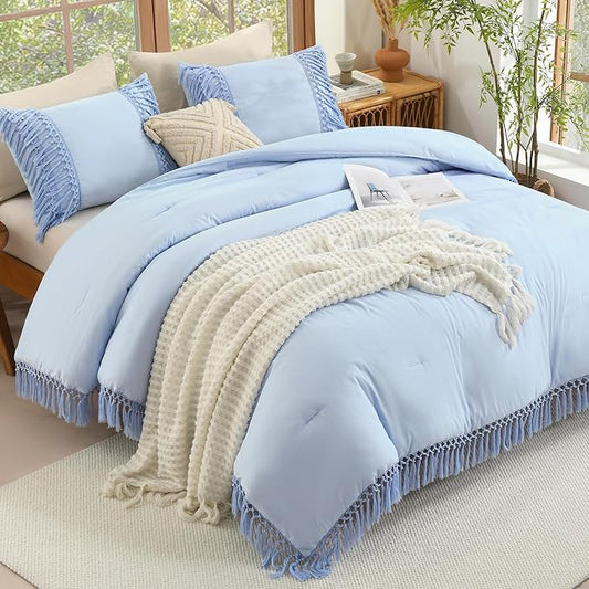 Andency Comforter King Size Set Light Blue, 3 Pieces Boho Tassel Lightweight Fluffy Bedding Comforters & Sets, Soft All Season Bed Set (104x90In Comforter & 2 Pillowcases)