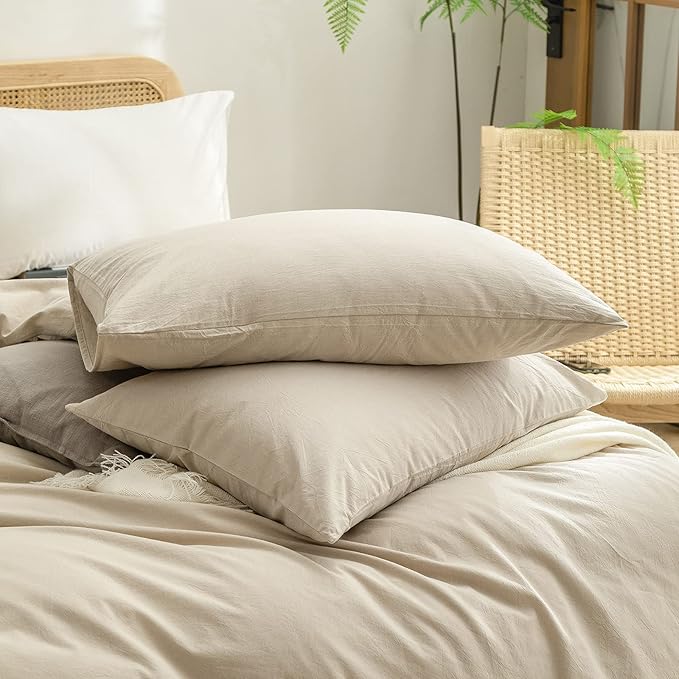 BESTOUCH Duvet Cover Set 100% Cotton Linen Feel Super Soft Comfortable Chic Lightweight 3 PCs Home Bedding Set Solid Almond Milk Grey King