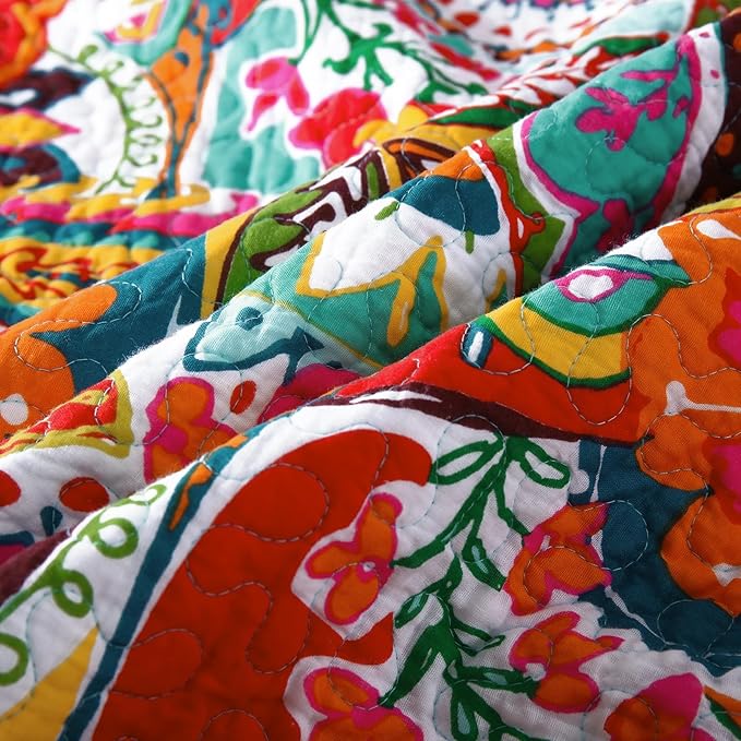Qucover King Size Quilt Bedding Set, 100% Cotton Boho Bedspread, Vibrant Colorful Gorgeous Paisley Print Coverlet for Living Bedroom, Bed Cover with 2 Pillow Shams, 98x106 Inches
