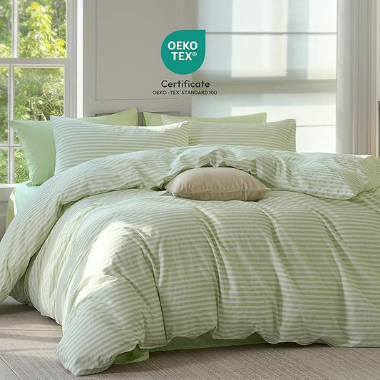 JELLYMONI Striped Duvet Cover Set - King Size Comforter Cover, Classic Sage Green & White Stripes, 100% Cotton 3 Pcs Bedding with Zipper Closure & 8 Corner Ties for Master or Guest Bedroom