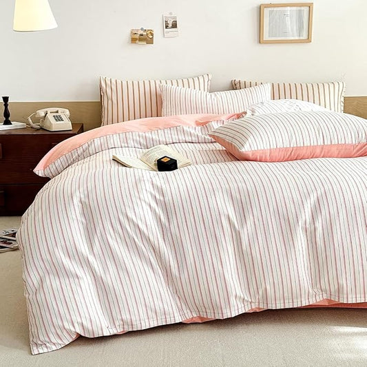 EAVD Pink White Striped Duvet Cover Twin Soft 100% Cotton Pink Vertical Ticking Stripes Bedding Set with 2 Pillowcases Modern Geometric Pattern Duvt Cover with Zipper Closure