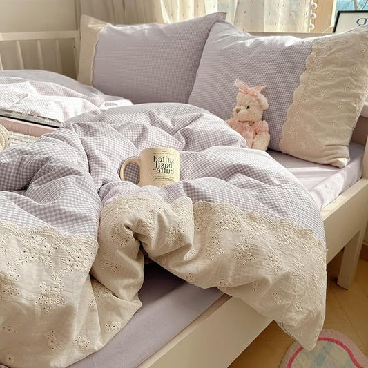 VM VOUGEMARKET Lavender Gingham Comforter Set Full 3 Pieces Lace Bedding Set Simple Cozy Mini Plaid Grid Comforter with 2 Lace Pillowcases for Girls Women