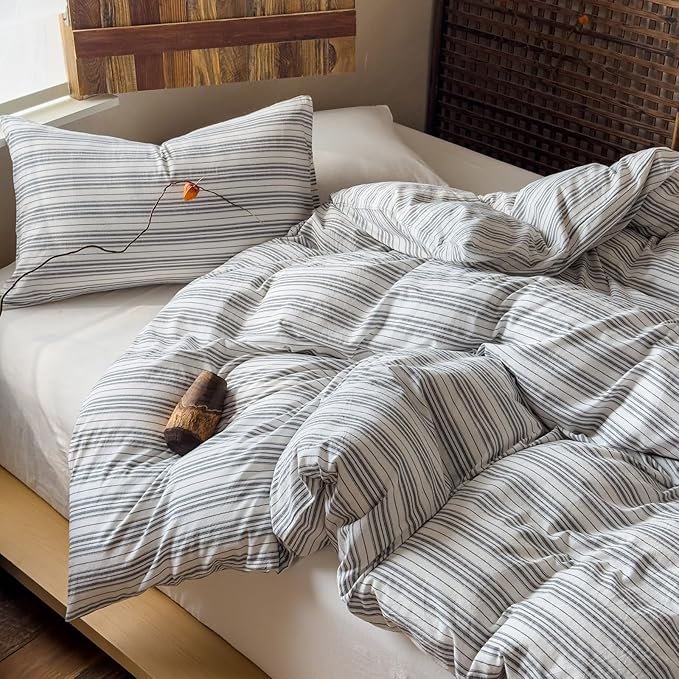 EAVD Retro Grey White Striped Duvet Cover Twin Soft 100% Washed Cotton Reversible Striped Bedding Set with 2 Pillowcases Farmhouse Geometric Pattern Duvet Cover with Zipper Closure