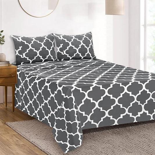 Mejoroom King Bed Sheet Set - Super Soft Brushed Microfiber 1800 Thread Count Sheets with 15 inch Deep Pocket - Wrinkle Free - 4 Piece (King, Grey Quatrefoil with White Pattern)