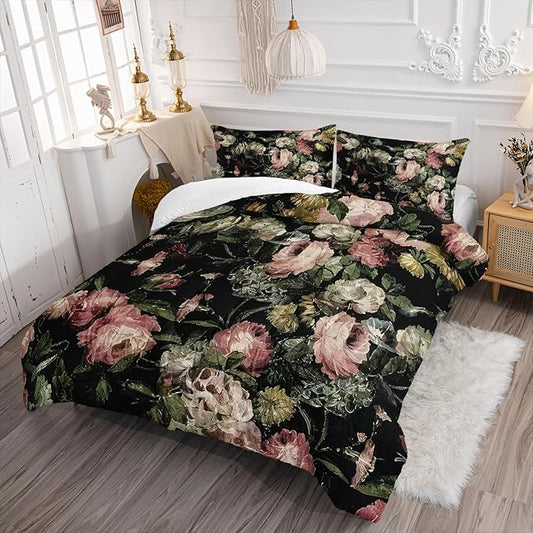 Boho Floral Comforter Set King Black Floral Bedding Sets 3PCS for Kids Teen Adult Flowers Leaves Room Decor Ultra-Soft Lightweight Microfiber 1 Comforter with 2 Pillowcases