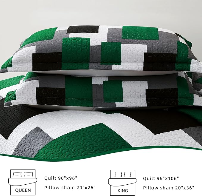 3 Piece Green Quilt Set Full/Queen Size Christmas Green Black Geometric Reversible Bedding Set Microfiber Lightweight Bedspread Coverlet with 2 Shams Modern Bed Cover for All Season, 90''x96''