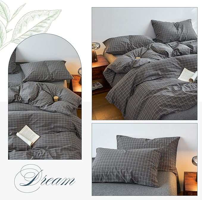 EAVD Vintage Style Grey Plaid Gingham Duvet Cover Queen 100% Washed Cotton Like Linen Feel Soft Grid Plaid Bedding Set with 2 Pillowcases Farmhouse Grid Geometric Pattern Duvet Cover with Zipper