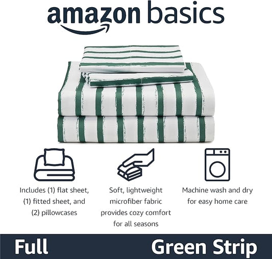 Amazon Basics Microfiber Kids' Sheet Set with Pillowcase, 4-Piece, Full, Green Stripes