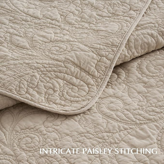 EVERGRACE 100% Cotton Paisley Quilt Set, Oversized King 3 Piece Set โ Prewashed Lightweight Bedspread with 2 Shams, Soft & Breathable Matelasse Coverlet for All-Season Comfort, Flax Beige