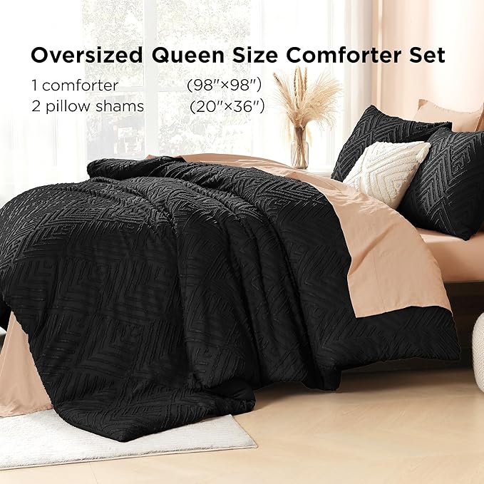 Litanika Oversized Queen Comforter Black, 3 Pieces Tufted Boho Farmhouse Bedding Comforter Set, Lightweight Fluffy All Season Comforter Set (98x98In Comforter & 2 Pillowcases)