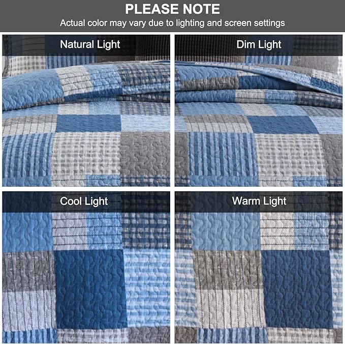 PANGUSHAN Quilts Set Queen Size,100% Cotton Patchwork Plaid Quilt Bedding Set,Blue/Navy Blue Reversible Bedspreads,Farmhouse Lightweight Comforter Set Bed Spread for All Season,3 Pieces