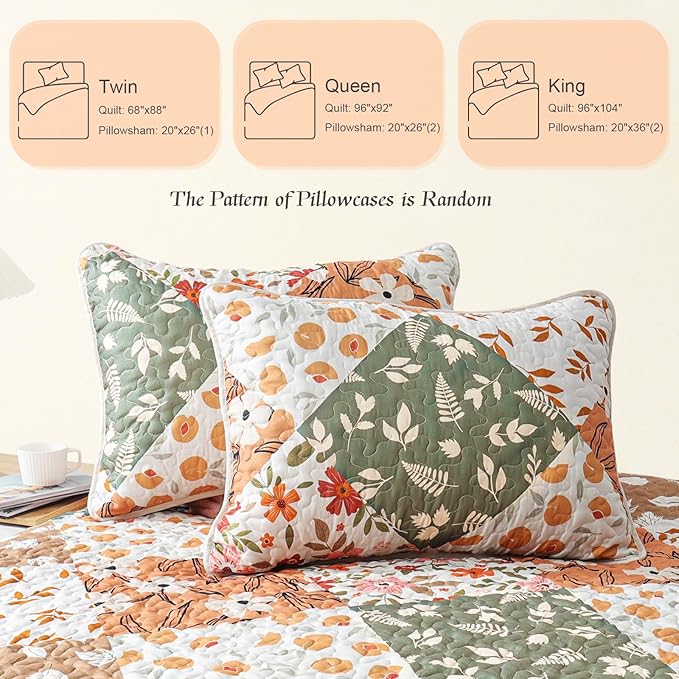Whale Flotilla Patchwork Quilt King Size, Extra Soft Boho Floral Bedspreads for Bed Reversible Lightweight King Quilt Bedding Set Printed Coverlets with 2 Pillow Shams for All Seasons, Orange