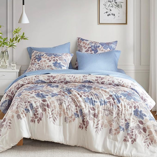 Madison Park Essentials Cal King Comforter Set & Sheets, Floral Bed in A Bag Microfiber Comforter for Cal King-Size Bed, Shabby Chic Cal King Bedding Diamond Print Sheet, Luna, Cal King, Blue 7 Piece