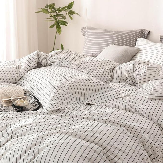 Stripe Duvet Cover Super King Plus Size 120inch x 120inch, 100% Washed Cotton Linen Feel Duvet Cover with Zipper Closure and 2 Pillowcases, Color of White-Dark Grey Stripe
