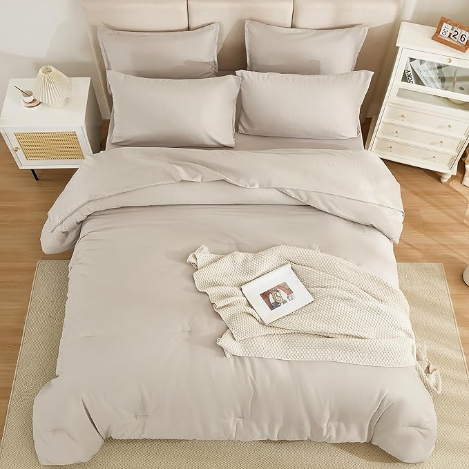 Litanika Comforter Full Size Set Tannish Grey - 7 Pieces Bed in a Bag Full Bedding Comforter Sets, Plain Lightweight Bed Set with Comforter, Sheets, Pillowcases & Shams