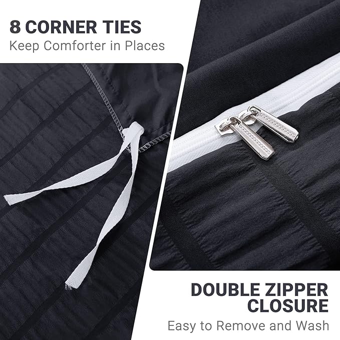 HYMOKEGE Black Twin Size Duvet Cover, Ultra Soft 2-Piece Seersucker Duvet Cover Set with Zipper Closure, Soft Brushed Microfiber Bedding Set with 8 Corner Ties (68"x90", 1 Pillowshams)