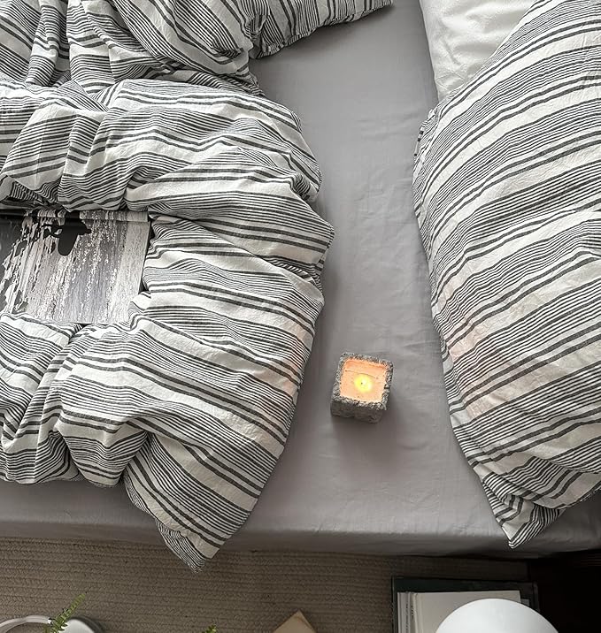 VM VOUGEMARKET Striped Duvet Cover Set Queen 100% Washed Cotton Bedding Set 3 Piece Pinstriped Comforter/Quilt Cover with Zipper Closure Corner Ties,Modern Cozy for Boys Men(White&Grey)