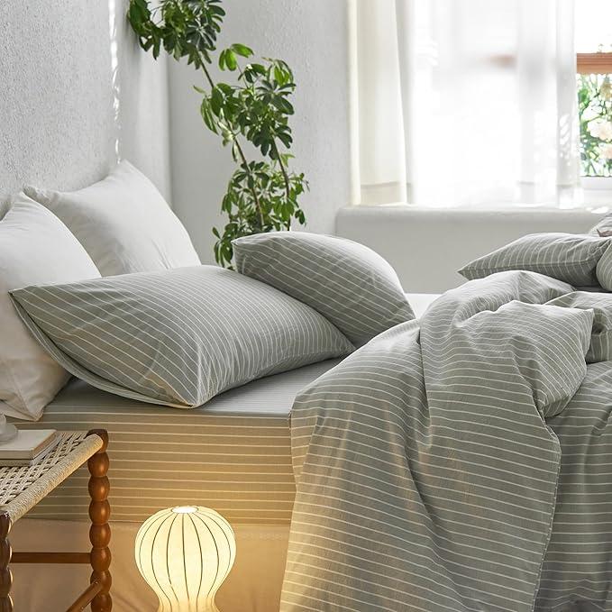 MooMee Bedding Pillowcases Striped Pack of 2 100% Washed Cotton Linen Like Textured Breathable Durable Soft Comfy (Sage Green White Wide Stripes, King)
