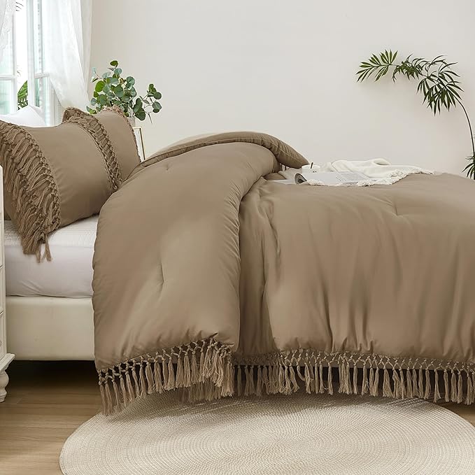 Andency Taupe Comforter Set California King, 3 Pieces Boho Tassel Lightweight Soft Bedding Comforter Sets for King Bed, All Season Fluffy Fringe Bed Set (104x96In Comforter & 2 Pillowcases)