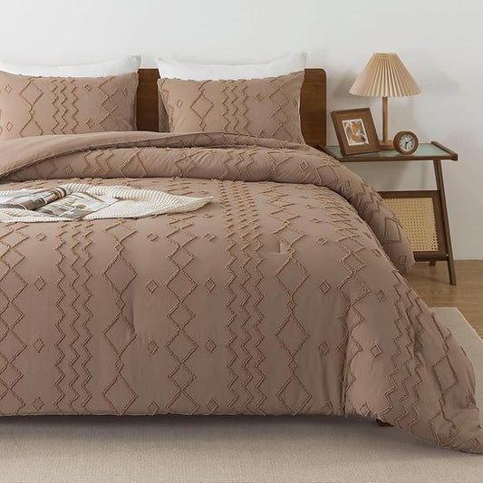 Andency Taupe Tufted Comforter Set California King(104x96Inch), 3 Pieces(1 Boho Comforter, 2 Pillowcases) Textured Farmhouse Bedding, Soft Microfiber Down Alternative Geometric Set