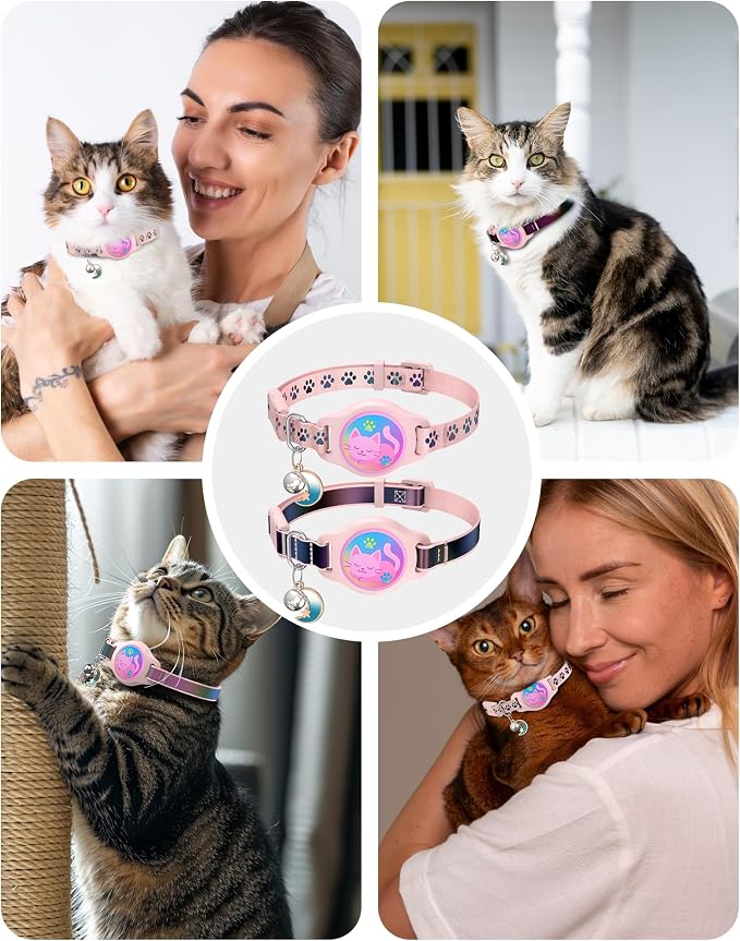 Airtag Cat Collar Breakaway, 2 Pack Cat Collar with Apple Airtag Holder | Reflective Waterproof Cat Collar with Bell, Easy Tracker with Airtag Collar, Adjustable 8-12In Lightweight & Comfortable