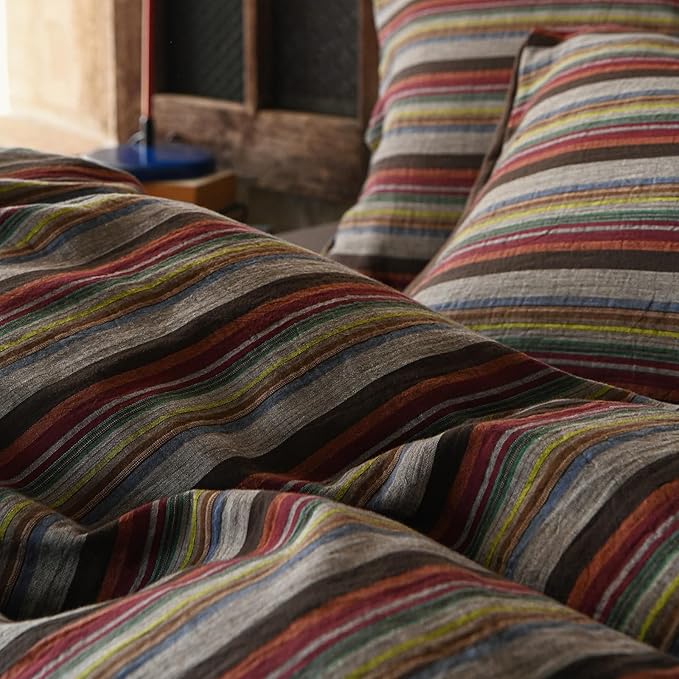 VM VOUGEMARKET Multicolor Striped Duvet Cover Set King, 100% Cotton Double Layer Gauze Bedding Set,Retro Style Bohemian Striped Quilt Cover with Zipper Closure