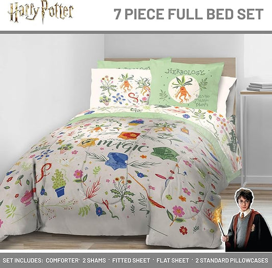 Jay Franco Harry Potter Full Size Comforter Set - 7 Piece Bedding Includes Sheet Set & Pillow Covers - Super Soft Hogwarts Herbology Bedding