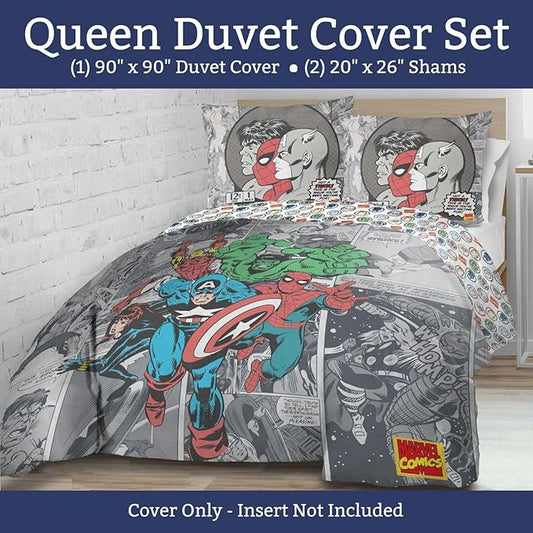 Jay Franco Duvet Cover Set – 3 Piece Comforter Cover and Sham Set, Super Soft Cozy Kids Bedding (Insert Not Included) Grey - Marvel Comics, Queen