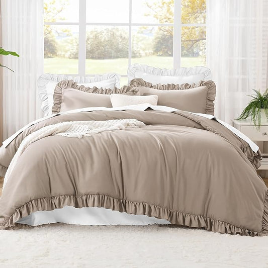 Litanika Light Coffee King Size Comforter Set, 3 Pieces Ruffle Farmhouse Aesthetic Bedding Comforter Set, All Season Soft Lightweight Fluffy Microfiber Bed Set(104x90In Comforter, 2 Pillowcases)