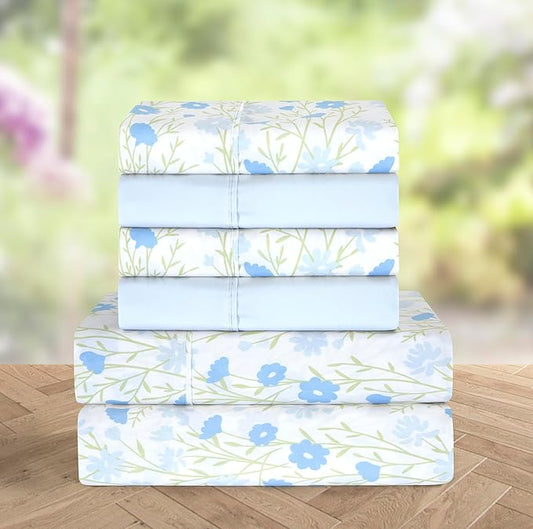 Elegant Comfort Softest and Coziest 6-Piece Sheet Set - 1500 Premium Hotel Quality Microfiber - Deep Pocket, Wrinkle Resistant 6-Piece Floral Bed Sheet Set, Queen, Laurel Blue