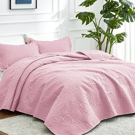 Love's cabin Twin Quilt Set Pink Bedspreads - Soft Bed Summer Lightweight Bedspread Comforter - Modern Style Coin Pattern Coverlet for All Season - 2 Pieces (1 Quilt, 1 Pillow Sham)