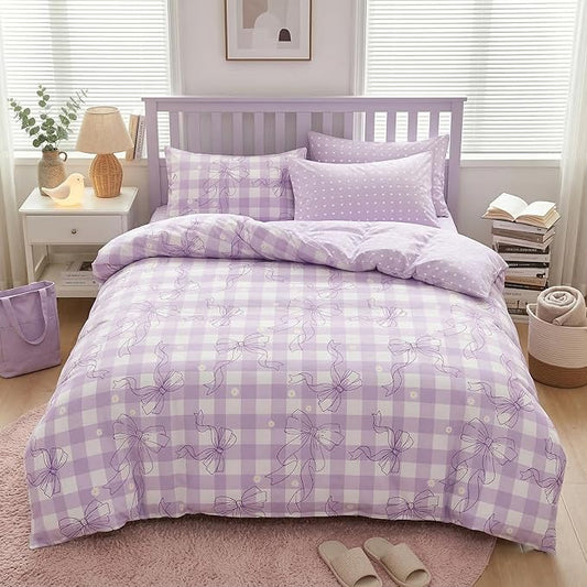 Light Purple Bowknot Comforter Set Queen Size for Girls, Purple Gingham Bedding with Heart Pattern, 3 Pcs Checkered Plaid Quilted Comforter Set with 2 Pillowcases, 90"x90"