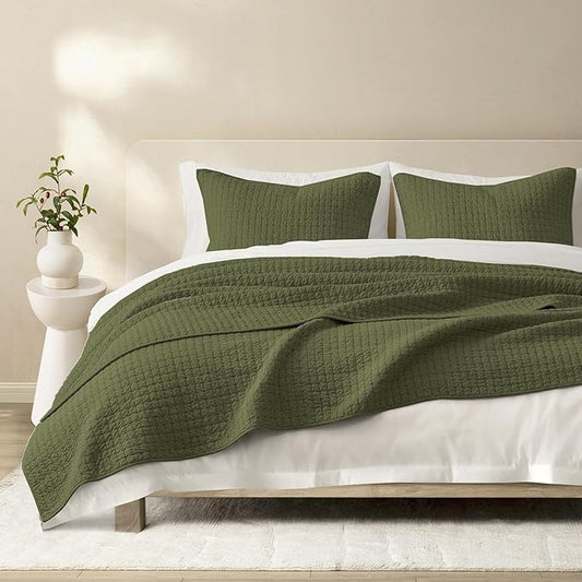 Wonderful Cotton Blended Jersey Knit Queen Quilt, Stitch Bedding Heather Dark Green Quilt with 2 Pillow Shams, Cloud Bedpsread, All-Season Coverlet, 94"x94"