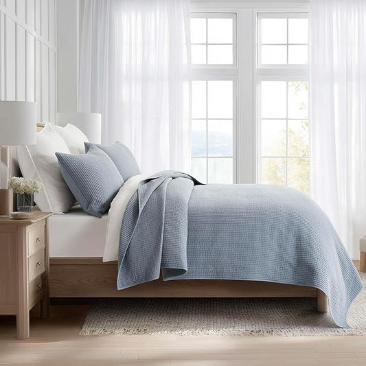 EVERGRACEHOME Cotton Coverlet Set King Size 3 Pieces, Lightweight Soft Ribbed Matelassรฉ Bedspread Quilt Set, Cozy Oversized Quilted Bedding Set with 2 Pillow Shams for All Seasons, Blue Linen