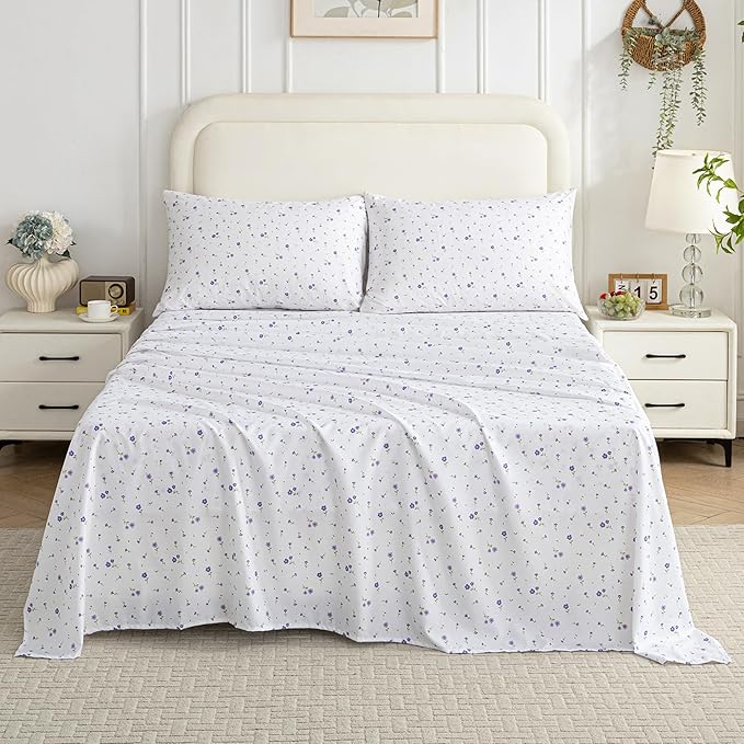 Softan Floral Queen Sheet Set Purple Flower Bed Sheets Printed Queen Size - 4 Piece Microfiber Patterned Fitted Sheets with 15" Deep Pocket, Spring Flower Sheets and Pillowcase Set