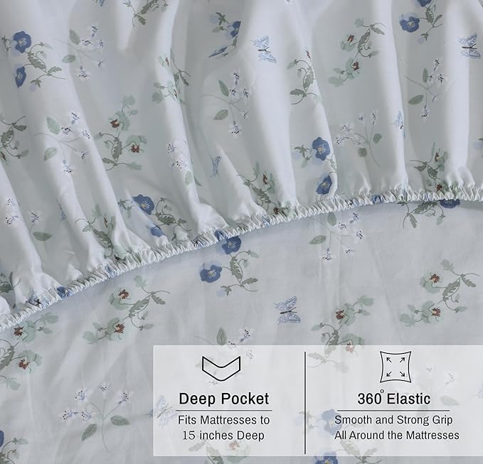 RUVANTI 100% Organic Cotton Sheets Queen Size, Percale Weave, GOTS Certified, 4-Piece Set, Deep Pocket 15", Crisp & Breathable, Soft Durable Bedding, Sábanas Algodón Orgánico – Butter Flight