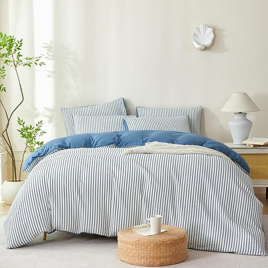 Comforter King Set Denim Blue Striped Soft Luxury Washed Microfiber Jacquard 3 Pieces Bedding, White Denim Blue Vertical Ticking Stripes Comforter with 2 Pillowcases Breathable Durable Comfy