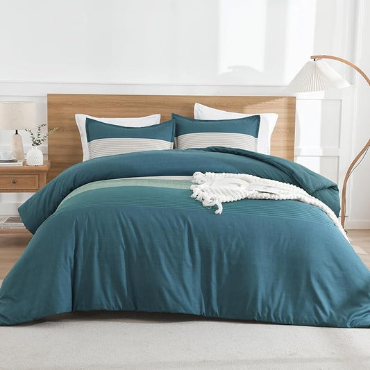 Litanika Comforter Set Queen Size Dark Teal - 3 Pieces Lightweight Colorblock Stripe Fluffy Bedding Comforter Sets, All Season Bed Set