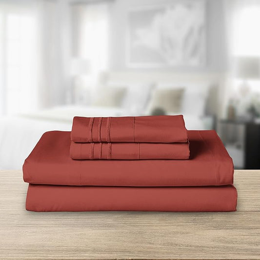 Elegant Comfort Luxurious 1500 Premium Hotel Quality Microfiber Three Line Embroidered Softest 4-Piece Bed Sheet Set, Wrinkle and Fade Resistant, Queen, Rust
