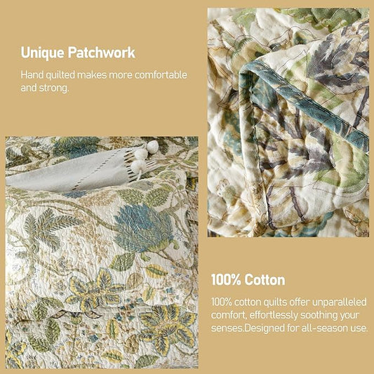 DURLENGEN Forest 100% Cotton King Quilt 3Pcs,Bohemian Reversible Leaves & Flowers Pattern on White, Luxury Lightweight Coverlet Sets for All Season(King 106x96,Forest)