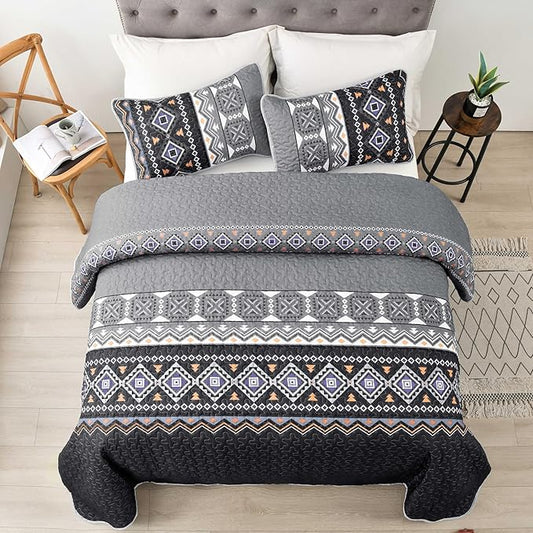 WONGS BEDDING Boho Quilt Set King,Black Grey Bedspread Coverlet Set with 2 Pillowcase,Lightweight Geometry Printed Bohemian Bedding Set 104"×90"